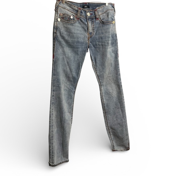 True Religion Light Blue Rocco Relaxed Skinny Jeans with Red Stitching Sz 31 Men - Picture 3 of 10